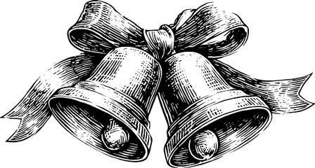 Vintage christmas bells with ribbon in engraving style for holiday design