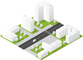 Isometric urban city plan with modern buildings, green areas, and street network on a white background