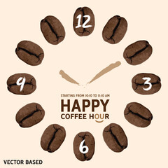 Coffee beans clock. Coffee break or coffee time vector banner.