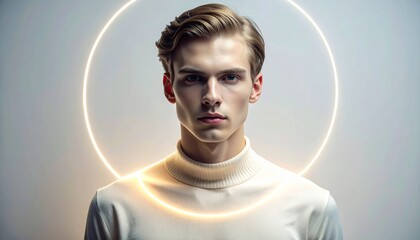 A Futuristic Portrait of a Young Man with a Halo of Light, Representing Enlightenment and Technological Advancement