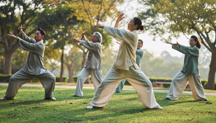 高齢者が朝の公園で太極拳を行う穏やかな風景