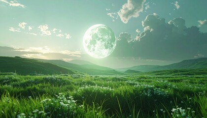 Obraz premium Serene Meadow Under a Dreamy Moon A Tranquil Landscape
