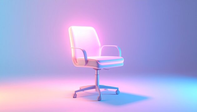 Conceptual image of a vacant job position with an empty modern office chair illuminated by vibrant pink and blue neon lights