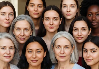 A diverse group of women of varying ages and ethnicities posing for a portrait together closely packed