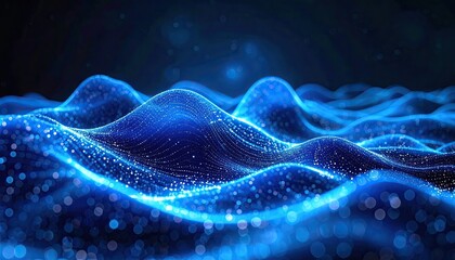 Abstract glowing blue digital wave pattern with sparkling lights and bokeh effect creating a futuristic technological background with depth and motion