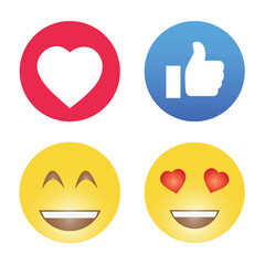 Social media reactions vector icons set, Instagram love icon, Facebook like icon, smile face, heart eyes emoji.