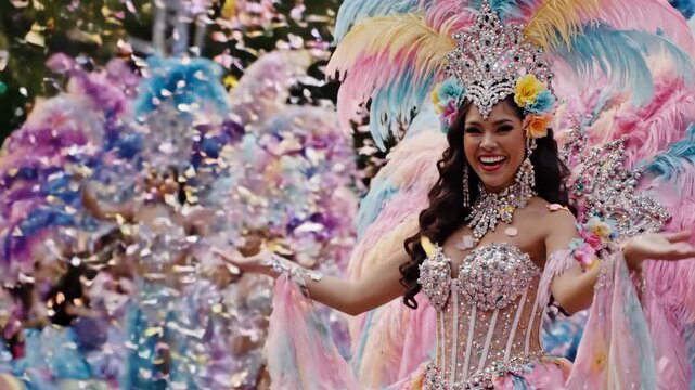 Happy woman in feathered carnival costume dancing in parade. Joyful performer smiling under falling confetti at street festival celebration