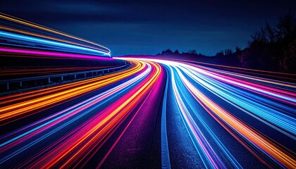 Abstract light trails of car headlights and taillights on a highway at night creating a vibrant colorful blur of motion blue orange and pink streaks against a dark sky