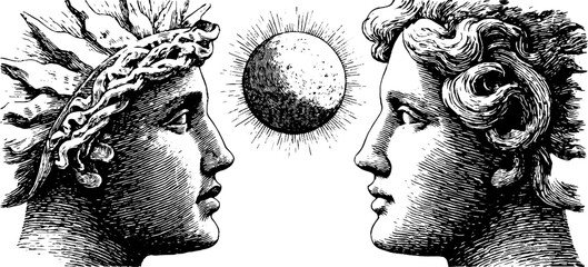 Engraved allegorical figures of night and morning with moon for retro design