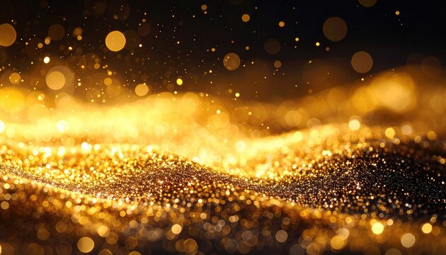 Abstract Golden Sparkles and Bokeh Lights Dance Across a Dark Background Creating a Magical Glittering Wave Effect in Soft Daylight - Powered by Adobe