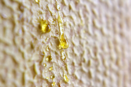 Bright yellow resin drips down textured surface in natural light setting