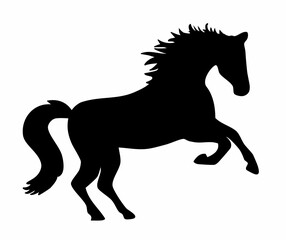 Vector silhouette of a rearing horse in dynamic pose, perfect for design, logo, emblem, print, tattoo, decoration, animal themes, and equestrian projects. Bold high-contrast black shape on white.