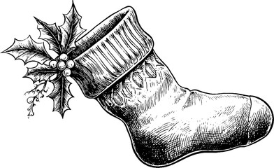 Intricately engraved christmas stocking with knit texture and holly accent for holiday design