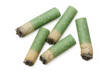 Green cigarette butts littering environment, showing pollution, waste, and dangers of smoking