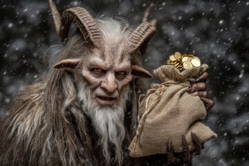 A spooky Krampus demon holding a Santa bag full of gold coins, with glowing eyes, while a stuffed animal is holding a stuffed doll.