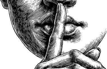 Fototapeta na wymiar Goddess of silence engraving with finger to lips gesture - vintage design for posters and labels