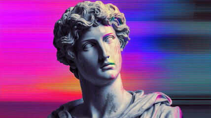 Head of an ancient Greece male sculpture. Conceptual poster in vaporwave glitch style. Artwork digital illustration.