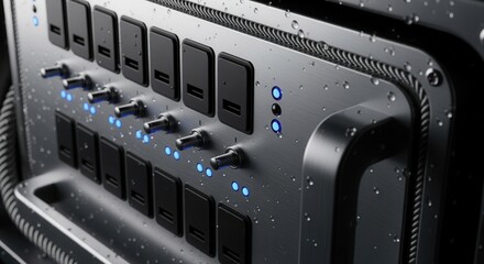 A futuristic industrial control panel with switches and glowing blue LED lights. Waterproof and rugged equipment covered in water droplets. High-tech machinery concept