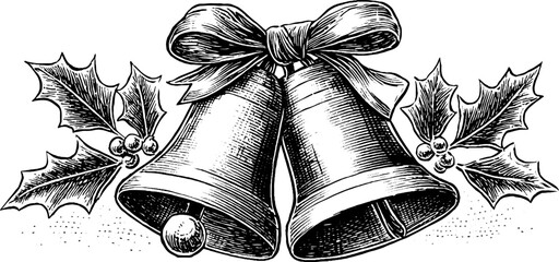 Vintage christmas bells with holly and bow art - perfect for festive decor and holiday cards