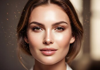 Close up of a woman with fair skin and brown hair smiling gently with sparkling effects around her