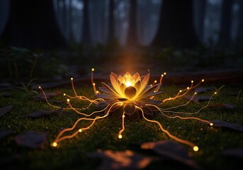 Illuminated lotus flower with glowing tendrils in a dark forest setting on green grass ground