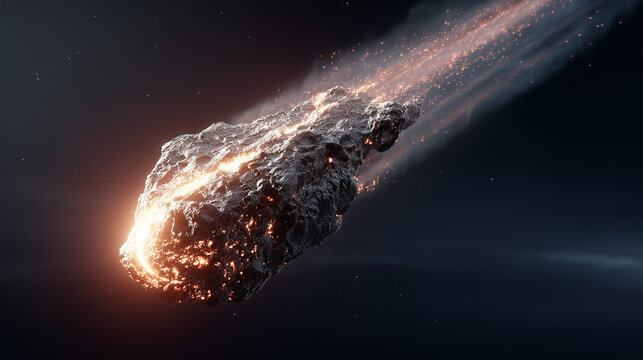 Burning meteor entering atmosphere, isolated on black