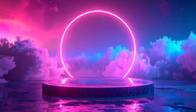 Neon-lit circular ring hovers above a stone pedestal in a surreal, vaporwave landscape with vibrant purple and blue hues and cloudy skies