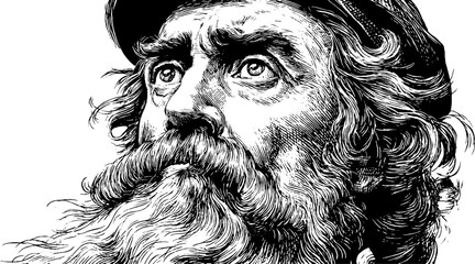 Renaissance man with cap and robe in engraved style portrait for vintage art design