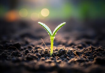 A close up of a small green sprout emerging from dark soil with a blurred background of greenery