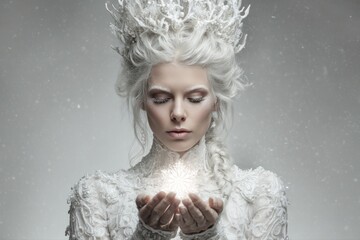 A mystical Nordic goddess of winter wearing a white dress and a crown, holding a glowing crystal snowflake. She exudes elegance and power in this enchanting scene.