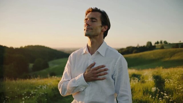 Man with closed eyes and hand on heart &mdash; gratitude and emotional peace concept