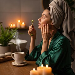 Woman using jade roller with towel on head, robe, tea, and candles in a bathroom setting indoors