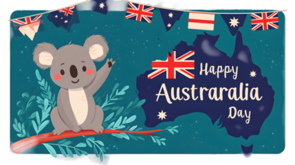 Cute koala waving on australia day with flags and map