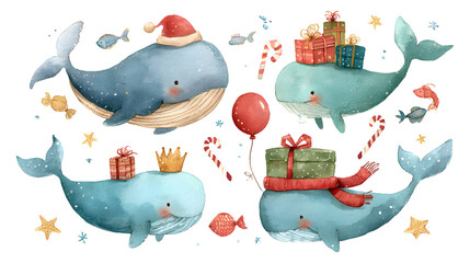 Naklejka premium Whimsical whales celebrating christmas with gifts and festive decorations