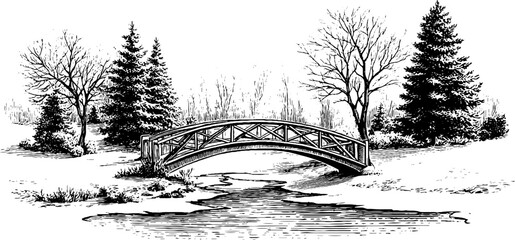 Winter scene with snowy bridge and frozen stream in vintage engraving style