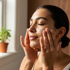 Woman applying cream to her face with eyes closed in a bright and airy bathroom setting indoors