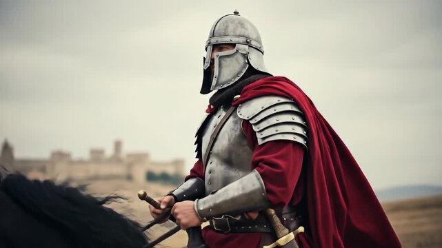 Man, a medieval knight on horseback, moving through a field towards a distant castle, historical reenactment footage