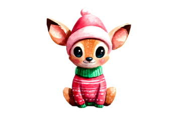 Cute fennec fox in christmas hat and sweater