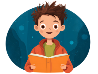 Happy boy reading an open book with a smile