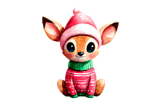 Cute fennec fox in christmas hat and sweater