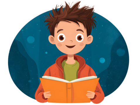 Happy boy reading an open book with a smile