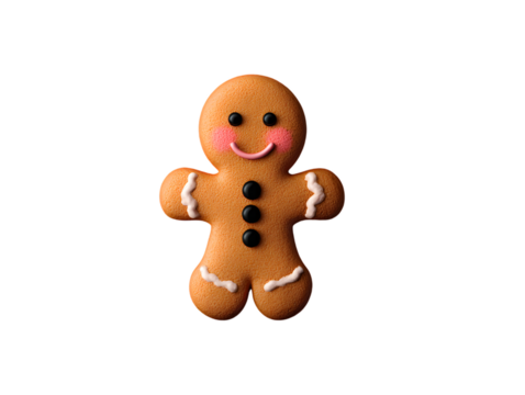 A cheerful gingerbread man cookie with black button eyes and a smiling mouth