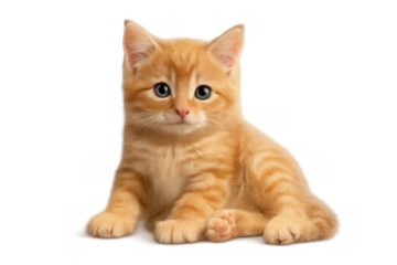 Adorable ginger tabby kitten with blue eyes sitting, looking at camera, fluffy pet on transparent background