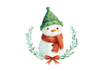 Charming watercolor snowman wearing a hat and scarf with festive bow