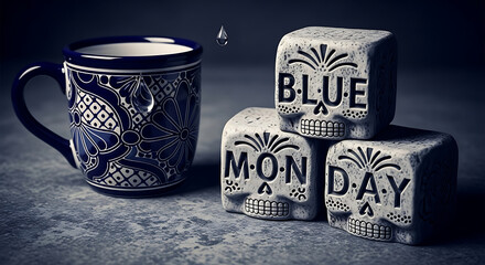 Artistic still life featuring a blue ceramic mug and decorative skull cubes spelling blue monday, set against a moody, shadowed backdrop