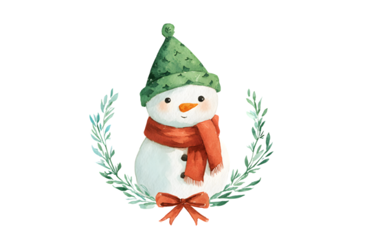 Charming watercolor snowman wearing a hat and scarf with festive bow - Powered by Adobe