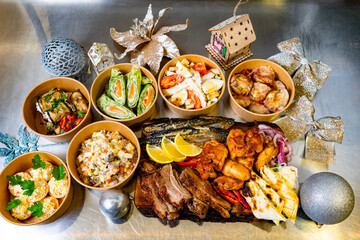 Delicious festive feast with variety of dishes presented on a decorative table setting