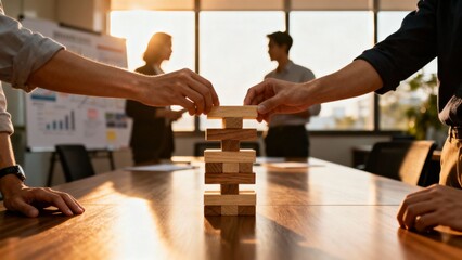 회의실에서_나무블록_쌓으며_협력하는_팀원들의_손