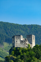 Strecno Castle ruins perched on a rocky mountain in Slovakia