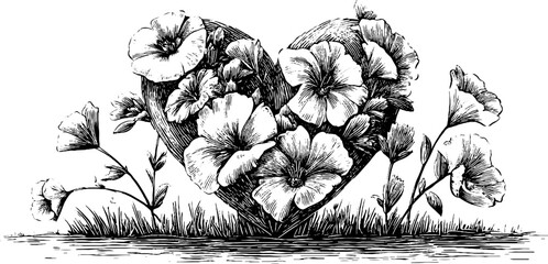 Fototapeta premium Floral heart engraving with blooming flowers - romantic nature metaphor for art and design